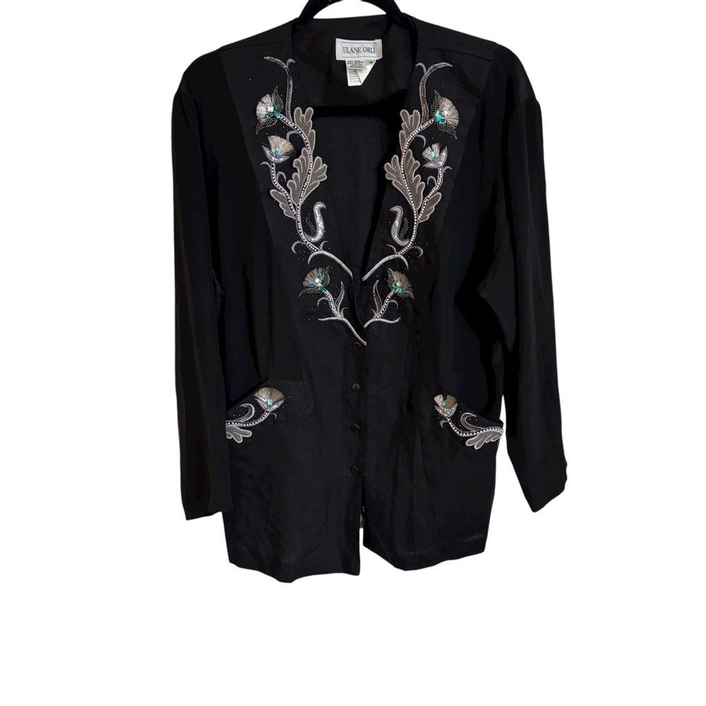 Ulane Orli Vintage Silk Ramie Black Embellished  Women's Blouse Size 16